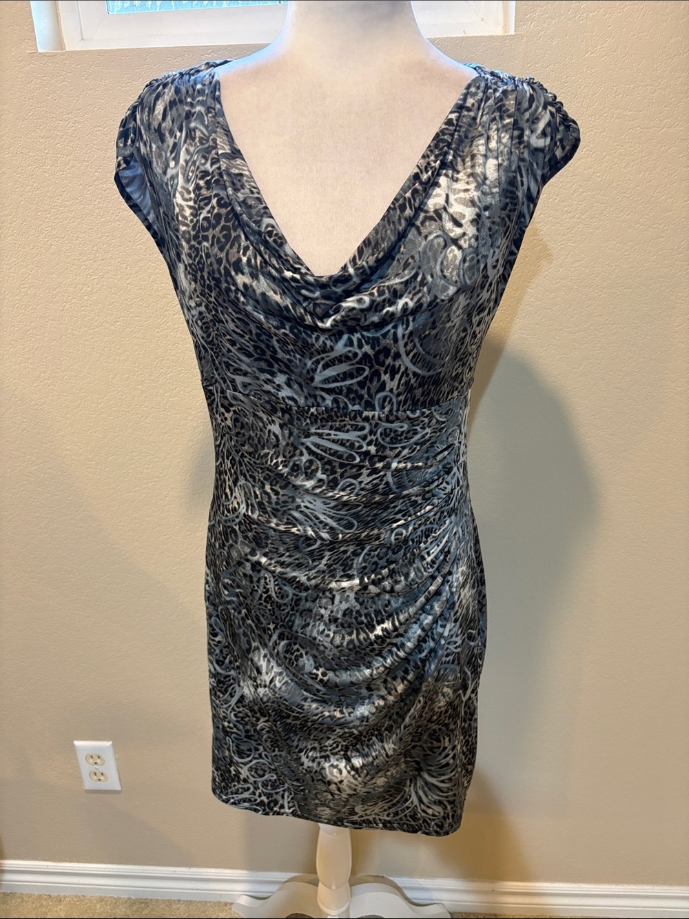 Boston Proper Black & Gray Printed Cowl Neck Midi Dress-Size M